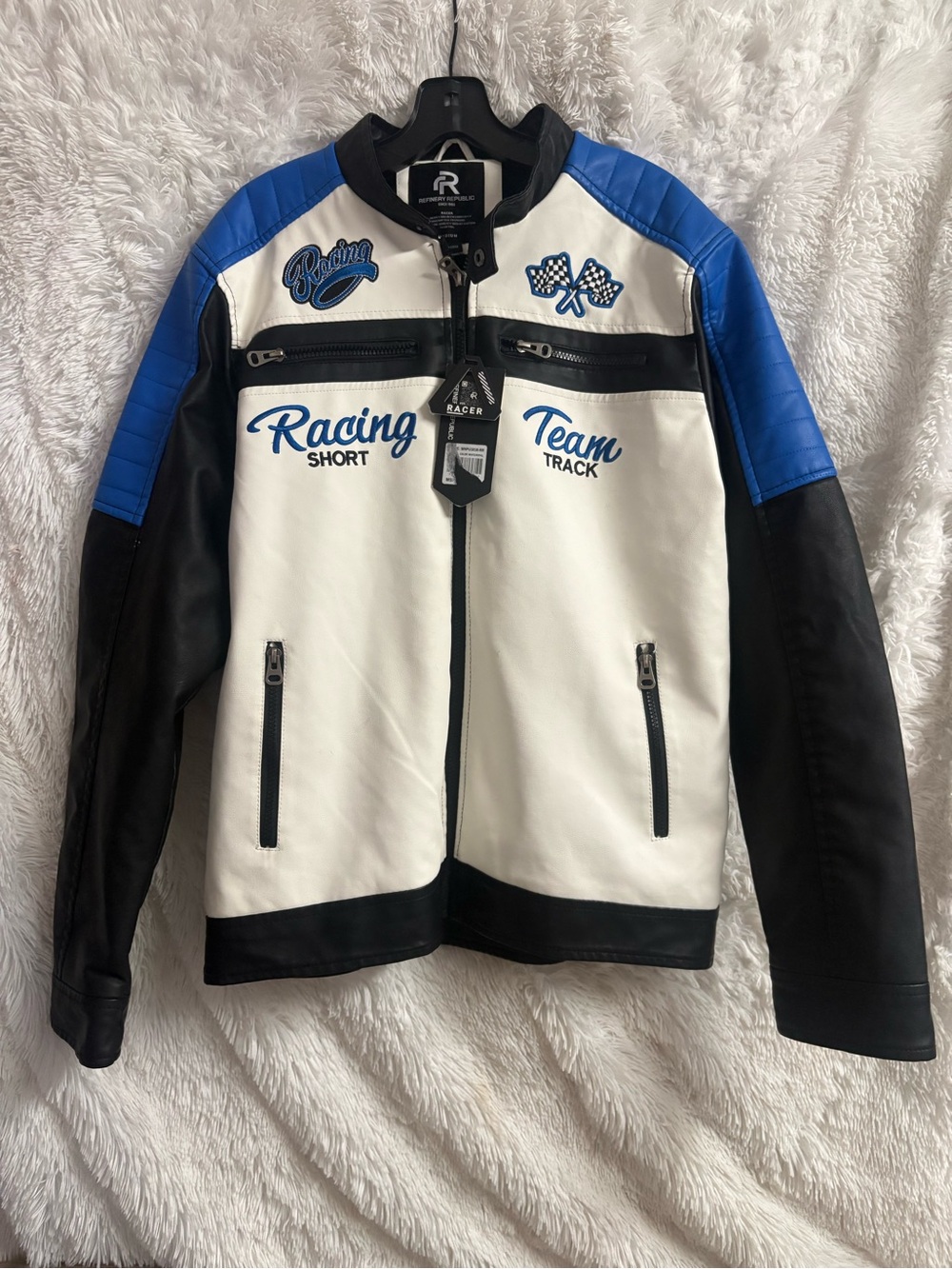 Refinery Republic Men’s Racing Jacket Faux Leather Colorblock Lined Full Zip